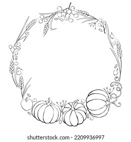 Vector wreath of autumn harvest symbols: pumpkins, wheat ears, berries in doodle style. Outline round frame, border. Theme: forest, happy autumn, Thanksgiving