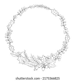 Vector wreath of autumn leaves, acorns, berries. Doodle contoured illustration. Round frame, border. Black outline on white background. Theme is forest, happy fall, thanksgiving