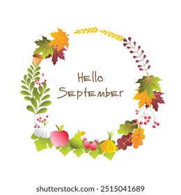 Vector wreath of autumn leaves, acorns, rowans, garlic, apples, pears, rose hips, onions and spikelets. Decor for invitations, greeting cards, posters and social media stories and reels. 