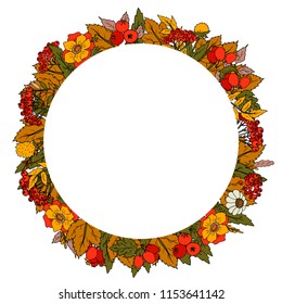 Vector wreath of autumn leaves and berries. Beautiful round wreath of yellow and red leaves, rowan, berries, flowers. Decor for invitations, greeting cards, posters.