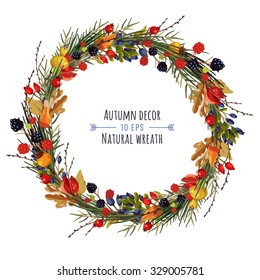 Vector wreath of autumn leaves and fruit in watercolor style. Beautiful round wreath of yellow and red leaves, acorns, berries, cones and branches. Decor for invitations, greeting cards, posters.