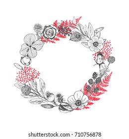 Vector wreath of autumn leaves and fruit in sketch style. Beautiful round wreath of black and white leaves, berries and branches. Decor for invitations, greeting cards, posters.