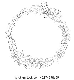 Vector wreath of autumn leaves, mushrooms, acorns, berries. Doodle contoured illustration. Round frame, border. Black outline on white background. Theme is forest, happy fall, thanksgiving