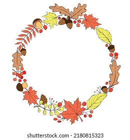 Vector wreath of autumn leaves, mushrooms, acorns, berries. Round colorful frame, border hand drawn in doodle flat style. Theme is forest, nature, happy fall, thanksgiving