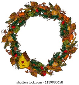 Vector wreath of autumn leaves, nuts, branches, mushrooms. Decor for invitations, greeting cards, posters. The birdhouse.