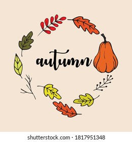 
Vector wreath of autumn leaves and pumpkins