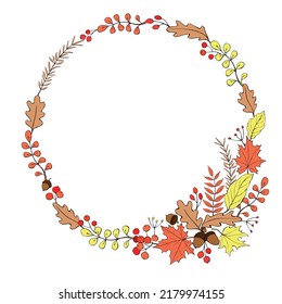 Vector de hojas de otoño, ramas, bayas, bellotas en forma plana de doodle. Ilustración colorida. Marco redondo, borde. El tema es bosque, caída feliz, acción de gracias