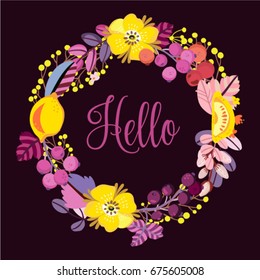 Vector wreath of berries and fruits. Summer bright template.