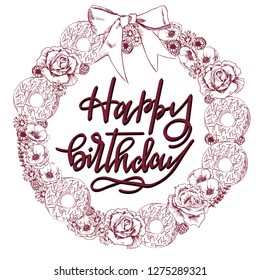 Vector wreath with birthday greeting and flowers
