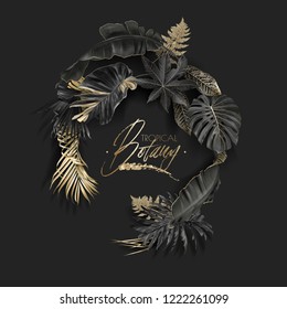 Vector wreath with black and gold tropical leaves on dark background. Luxury exotic botanical design for cosmetics, spa, perfume, aroma, beauty salon. Best as wedding invitation card