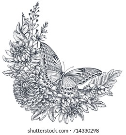 Vector wreath with black and white hand drawn chrysanthemum flowers and butterfly in sketch style. Beautiful floral background. Frame for greeting card, wedding invitation
