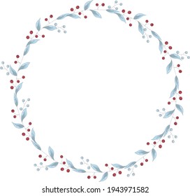 Vector wreath of blue leaves and red small berries. The frame inside has a place for the text