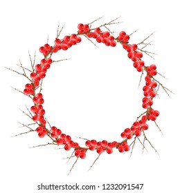Vector wreath of branches and cranberries. All elements are isolated.