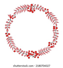Vector wreath of bright red rowan leaves and berries. Round autumn frame, border in doodle flat style. Theme of happy fall, nature, forest, thanksgiving