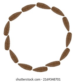 Vector wreath of brown fir spruce cone. Round frame in flat style, isolated. Theme of happy fall, nature, forest, christmas, thanksgiving