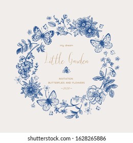 Vector wreath with butterflies and flowers. Delicate vintage background. Classic blue. 