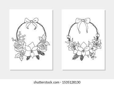 vector wreath christmas spruce amarilis rose poinsettia berry holly bow coloring book outline card illustration