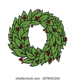 Vector wreath for Christmas in the style of a doodle made of holly leaves. Hand-drawn.