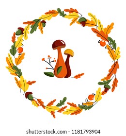 vector wreath circle frame with autumn leaves, acorns and red berries, hand lettering hello autumn and decorative elements on white background