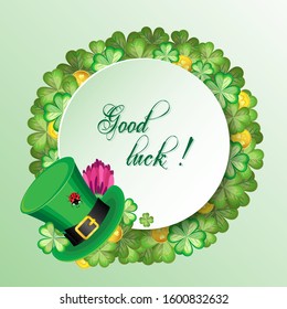 Vector wreath of clover, coins and green Leprechaun hat at the St. Patrick's Day. Round place for text
