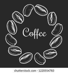 Vector wreath with coffee bean  on black background. Vintage hand drawn bages set. Illustration for menu, ads