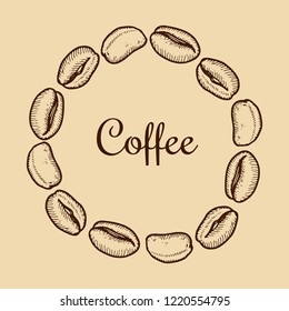 Vector wreath with coffee bean  on beige background. Vintage hand drawn bages set. Illustration for menu, ads