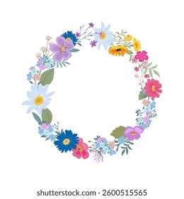 Vector wreath with colorful wildflowers. Elegant floral garland with forget-me-nots, chamomile, daisies