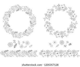 Vector wreath coloring book flowers, leaves and branches.Collection of red flowers, leaves, berries and branches isolated on white. Design of cards, invitation, print for textiles