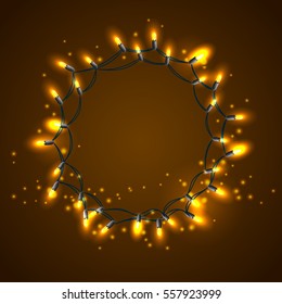 Vector wreath consisting of shined lights garland. Round frame for text. Yellow and dark brown colors.