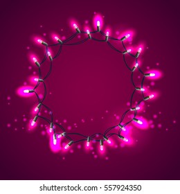 Vector wreath consisting of shined lights garland. Round frame for text. Pink and dark violet colors.