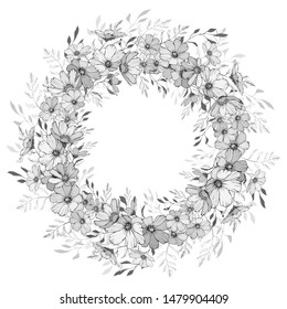 Vector wreath of cosmos flowers. White and black. Floral round frame for fashion, greetings, background for save the dates. Monochrome. Vintage.
