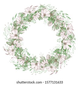 Vector wreath with cute light pink flowers and green leaves on white background. Place for text. Hand drawn.Round frame for your design, greeting cards, wedding invitations. Floral stock illustration.