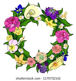 Vector wreath of different flowers