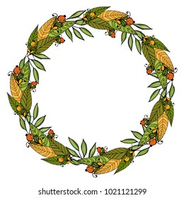 Vector wreath of different leaves, branches and berries. Beautiful round wreath of green and yellow leaves. Decor for invitations, labels, packing, greeting cards, posters.