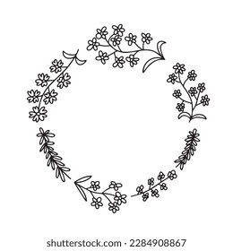 Vector flor con doodle. Corona de flores dibujada a mano aislada con muchas flores de verano