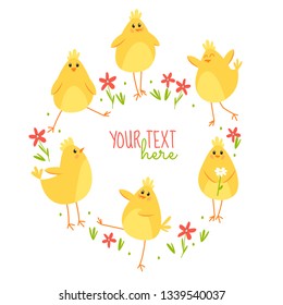 Vector wreath with doodle yellow chicks with space for your text. Festive round template with Hand-drawn chucks. Happy Easter texture.