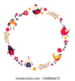 Vector wreath with doodle yellow chicks with space for your text. Festive round template with Hand-drawn chucks. Happy Easter texture.