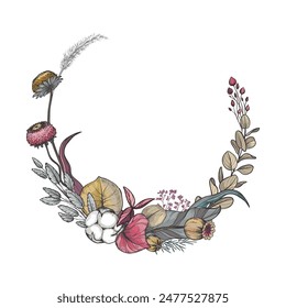 Vector wreath of dried flowers, leaves and branches. Different flowers, palm leaves, eucalyptus and other plants in beautiful composition