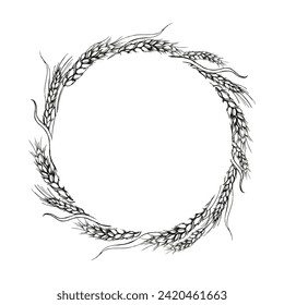 vector wreath of ears of wheat, hand drawn illustration with branches of wheat, agriculture theme, black and white sketch of harvest theme isolated on white background