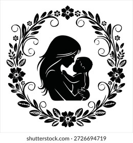 Coroa vetorial com silhueta de mãe e criança em coroa floral. Design escalável adequado para vários aplicativos. Formato vetorial escalável adequado para mídia impressa e digital.