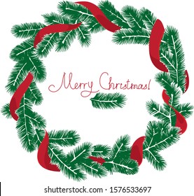 Vector wreath of fir branches and red ribbons.