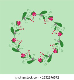 Vector wreath of floral elements. Green branch with berries and pink flowers.
