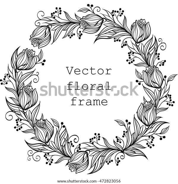 ベクター画像リース 花柄の枠 花と葉の丸い境界 白黒のイラスト のベクター画像素材 ロイヤリティフリー
