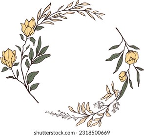 Vector Wreath and floral frame with wild flowers, hand drawn template