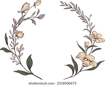 Vector Wreath and floral frame with wild flowers, hand drawn template