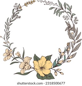 Vector Wreath and floral frame with wild flowers, hand drawn template
