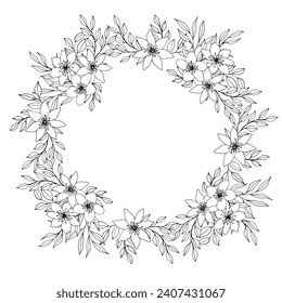 vector wreath with flower, leaves and branch. Elegant frame with space for text. ink hand drawn monochrome botanical illustration for backgrounds. Template for wedding cards, polygraph, logo, tattoo