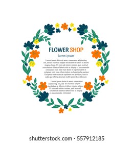 Vector wreath for flower shop identity with text. Vector logo design. Can be used for greeting cards, business card, valentines day card.