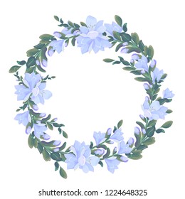 Vector wreath of flowers and buds of freesia. All elements are isolated. Template for greetings.