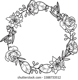 Vector wreath with flowers. Decoration frame ornament. Line art. Black and white illustration. Perfect for invitations, greeting cards, tattoo design